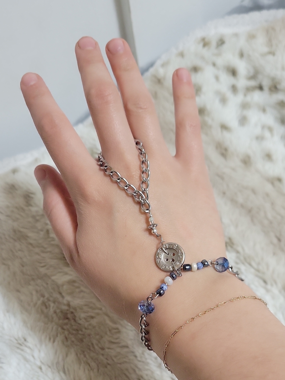 Silver Tone Handchain with Blue Crystal  Beads